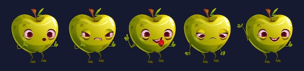 Vecteur gratuit ensemble d'emoji de visage de personnage de fruit de pomme verte mignon