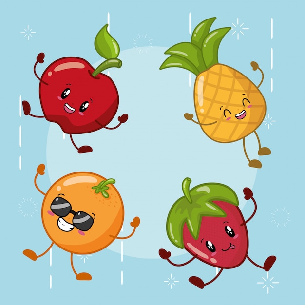 Vecteur gratuit ensemble d'émojis de fruits kawaii heureux