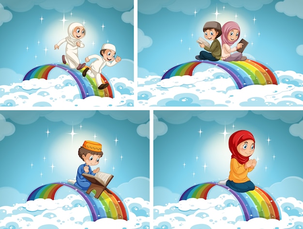 Ensemble D'enfant De Couple Musulman Sur Arc-en-ciel Dans Le Ciel