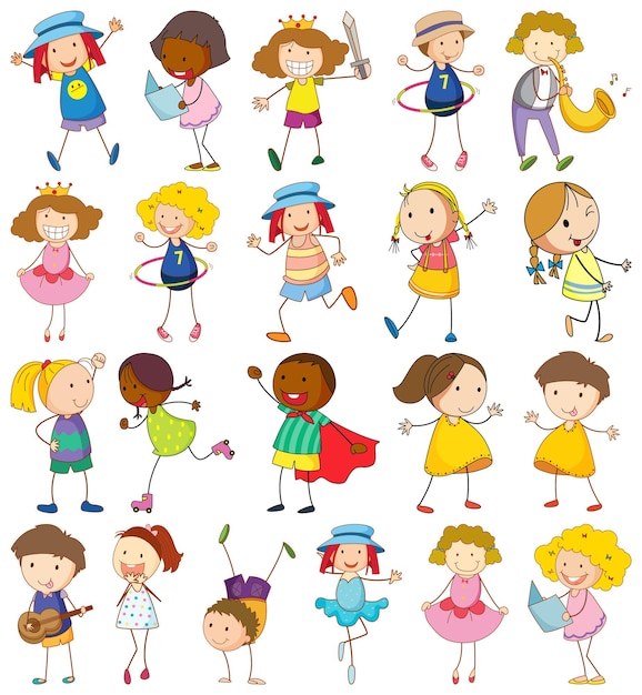 Ensemble D'enfants Différents Dans Un Style Doodle