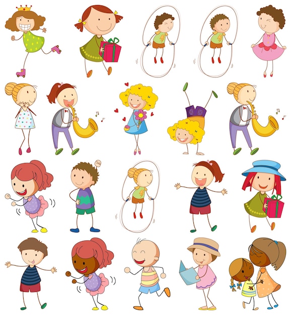 Vecteur gratuit ensemble d'enfants différents dans un style doodle