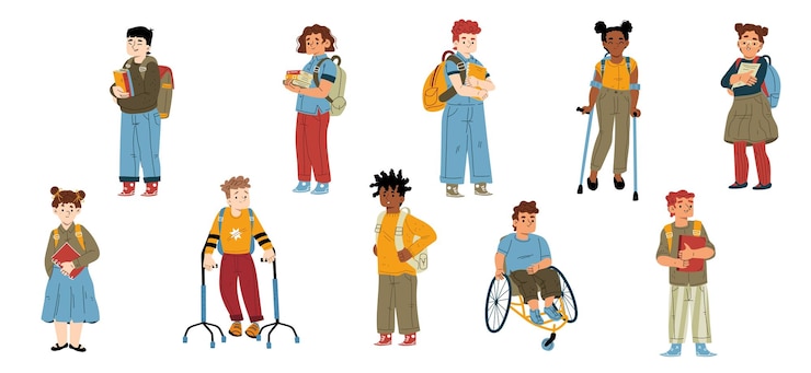 Vecteur gratuit ensemble d'enfants étudiants handicapés et en bonne santé