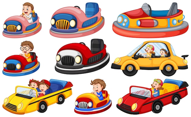 Vecteur gratuit ensemble d'enfants faisant du gokart