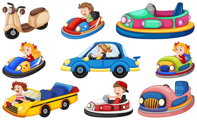 Vecteur gratuit ensemble d'enfants faisant du gokart