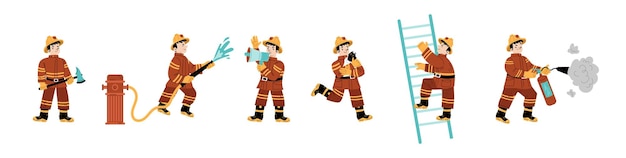 Vecteur gratuit ensemble d'enfants pompiers combattant avec blaze