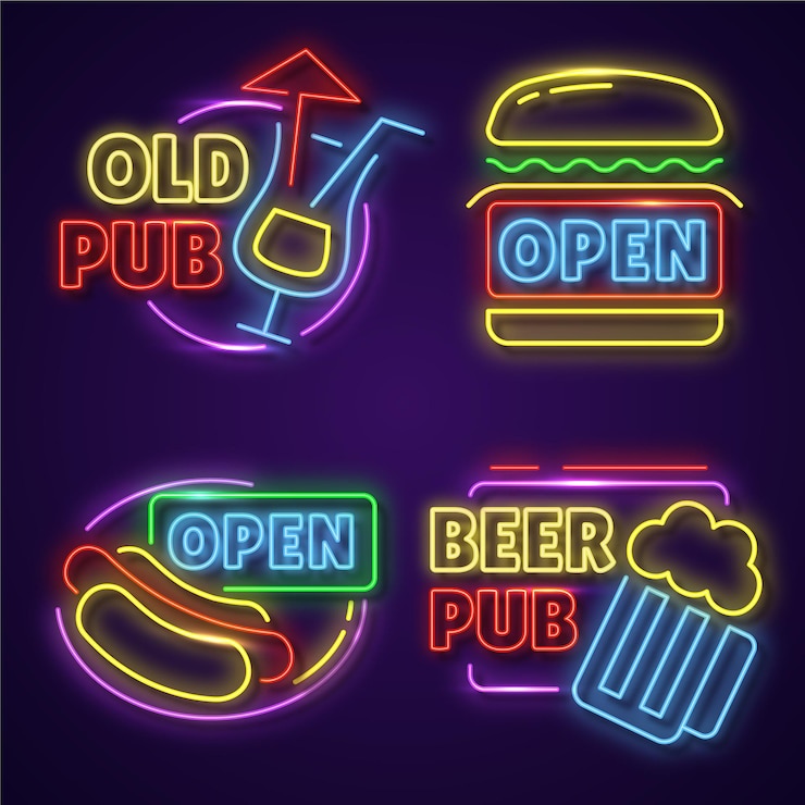 Vecteur gratuit ensemble d'enseignes de pub au néon