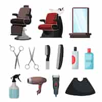 Vecteur gratuit ensemble d'équipements et d'accessoires pour salon de coiffure fauteuil avec évier miroir rasoir peigne brosse ciseaux sèche-cheveux shampooing revitalisant gel à raser vaporisateur d'eau