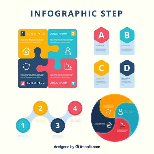 Vecteur gratuit ensemble d'étapes infographiques dans différentes couleurs