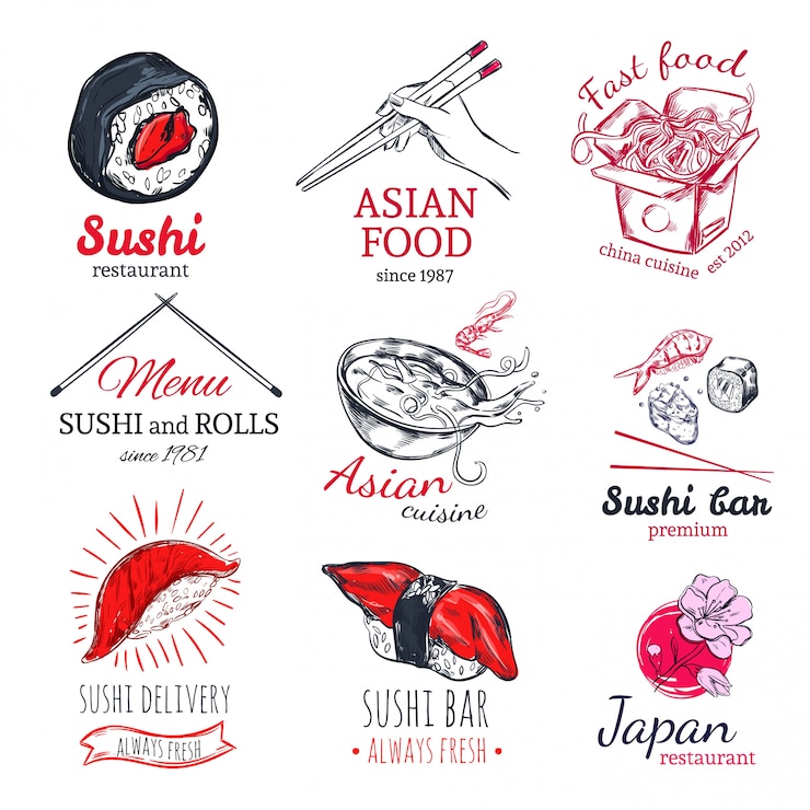 Vecteur gratuit ensemble d'étiquettes de croquis de cuisine asiatique