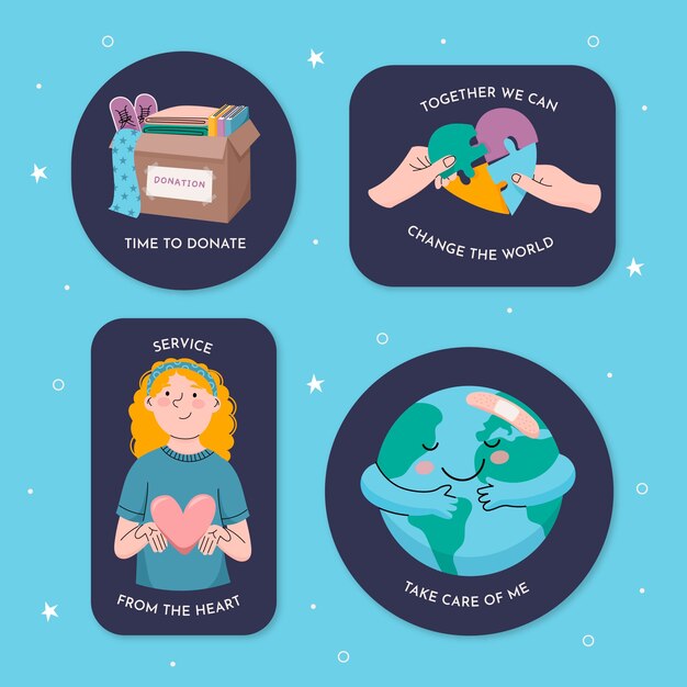 Ensemble d'étiquettes dessinées à la main pour la journée mondiale de l'aide humanitaire