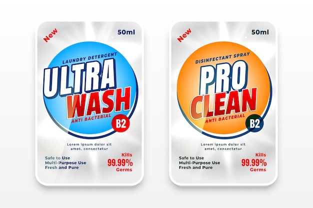 Vecteur gratuit ensemble d'étiquettes de détergent à lessive ou désinfectant ultra wash