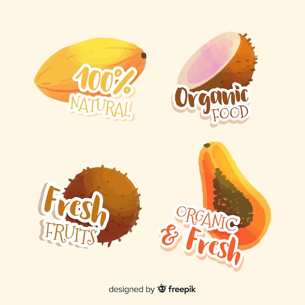 Vecteur gratuit ensemble d'étiquettes de fruits bio aquarelle