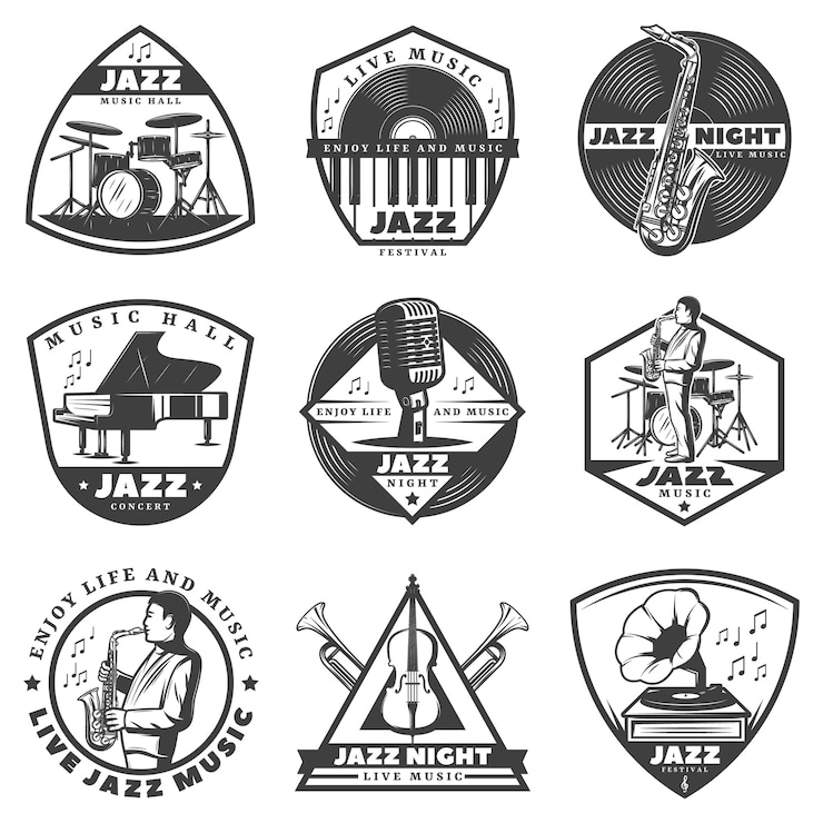 Vecteur gratuit ensemble d'étiquettes de musique jazz monochrome vintage
