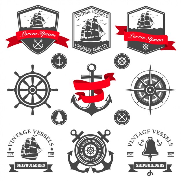 Ensemble d'étiquettes nautiques vintage, icônes et éléments de conception