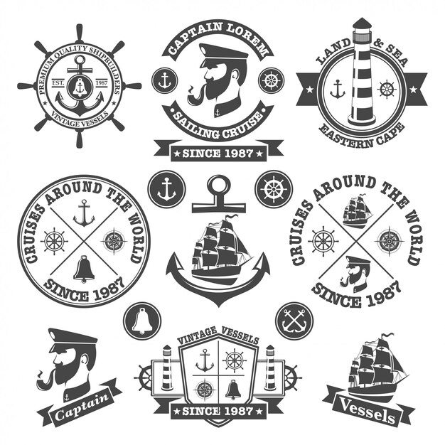 Ensemble d'étiquettes nautiques vintage, icônes et éléments de conception