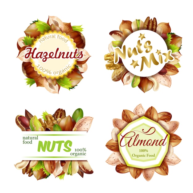 Vecteur gratuit ensemble d'étiquettes de noix naturelles colorées de qualité supérieure