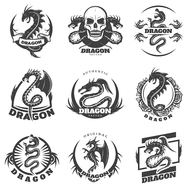 Vecteur gratuit ensemble d'étiquettes de tatouage vintage dragon monochrome