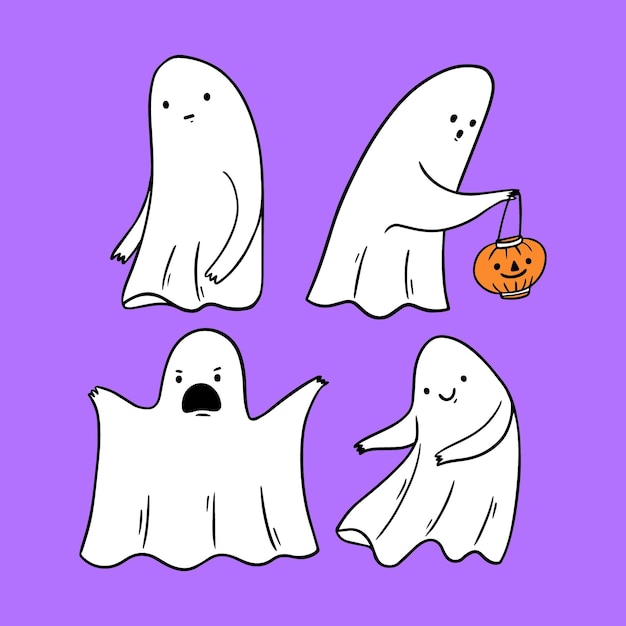 Vecteur gratuit ensemble de fantômes halloween design dessiné à la main