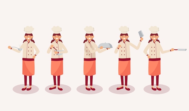 Ensemble de femme chef en personnage de dessin animé avec différentes actions, illustration isolée