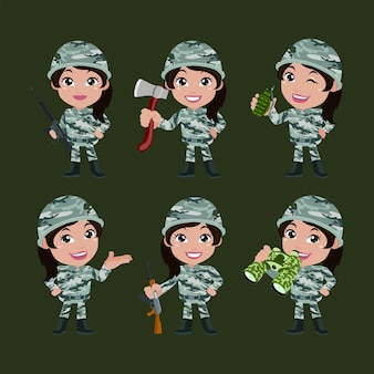 Ensemble de femme de soldats de l'armée en uniforme avec action de différence