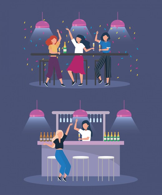 Ensemble de femmes avec des lumières et des bouteilles de champagne