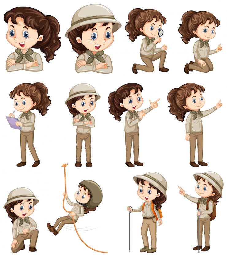 Vecteur gratuit ensemble de fille en costume de safari faisant différentes choses