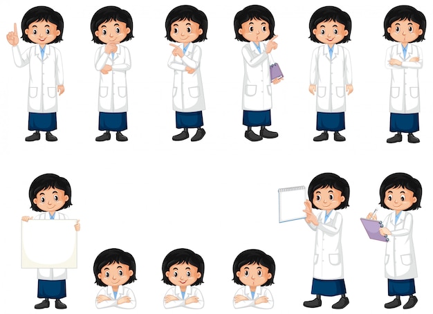 Ensemble De Fille En Robe De Science Faisant Des Poses Différentes Sur Blanc