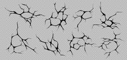 Vecteur gratuit ensemble de fissures au sol réalistes d'images de fracture noire avec des branches de forme différente sur l'illustration vectorielle de fond transparent