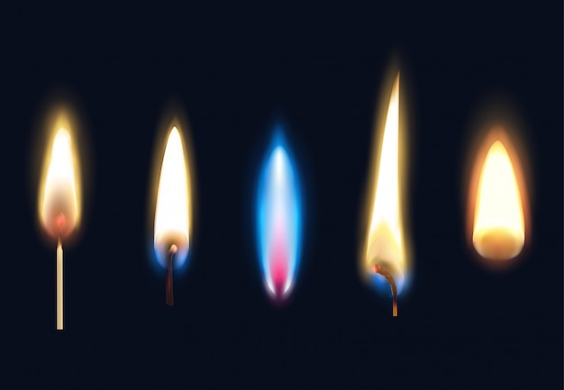 Vecteur gratuit ensemble de flammes brûlantes réalistes d'allumettes bougies et illustration isolée plus légère