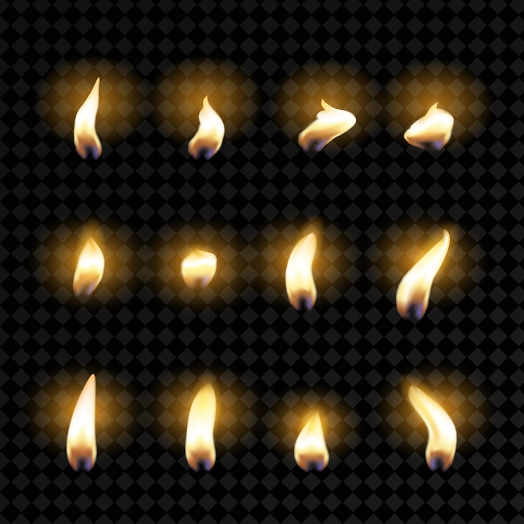 Vecteur gratuit ensemble de flammes de feu flamme de bougie réaliste isolée sur fond transparent