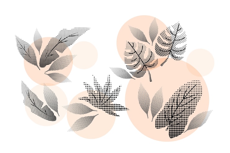Vecteur gratuit ensemble de fleurs et feuilles tropicales rose demi-teinte