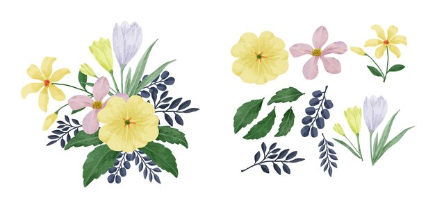 Un ensemble de fleurs peintes à l'aquarelle