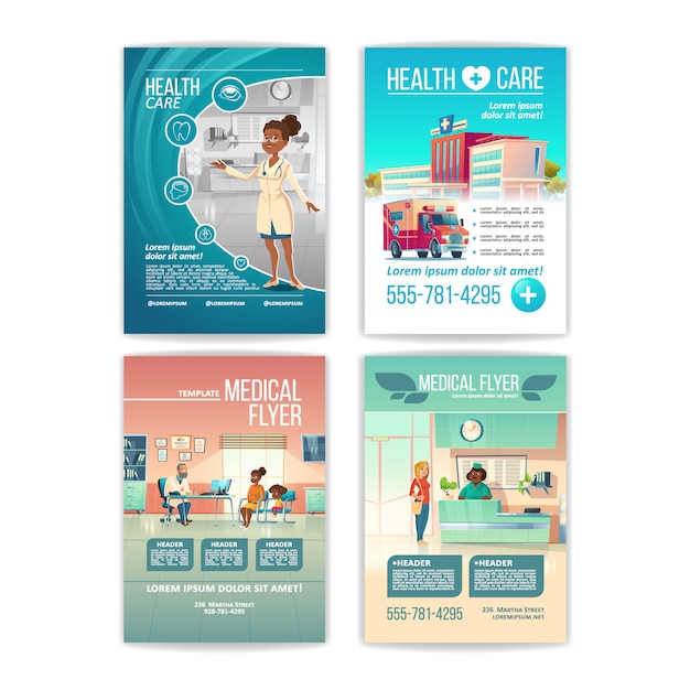 Vecteur gratuit ensemble de flyers médicaux. affiches des services de santé