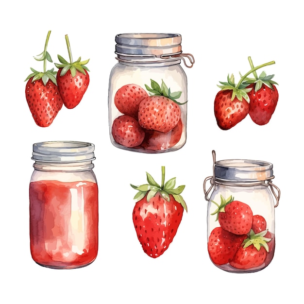 Ensemble De Fraises Aquarelles Dans Un Pot