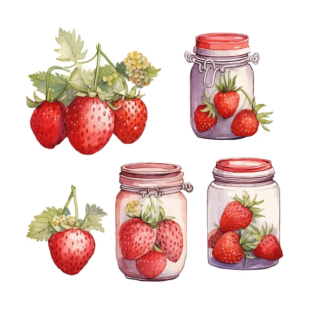Ensemble de fraises aquarelles dans un pot