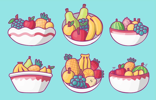 Vecteur gratuit ensemble de fruits et de baies dans un bol avec des raisins de banane, de l'ananas et d'autres dessinant une illustration vectorielle plane