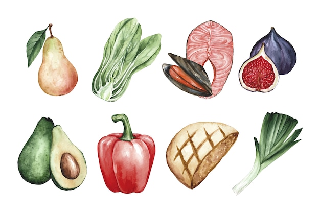 Ensemble de fruits et légumes à l'aquarelle