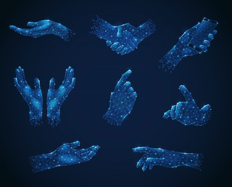 Vecteur gratuit ensemble de gestes de la main en bleu filaire polygonale style luminescent