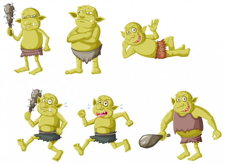Vecteur gratuit ensemble de gobelin vert ou troll dans différentes poses en personnage de dessin animé isolé