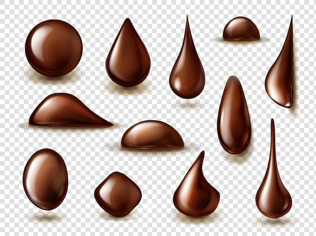 Vecteur gratuit ensemble de gouttes de chocolat noir liquide