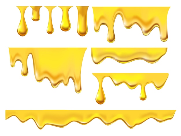 Ensemble De Gouttes De Sirop De Miel Liquide Sauce Fondue Jaune Coulant Et Laissant Tomber La Collection De Gouttelettes De Caramel Doré Sur Fond Blanc