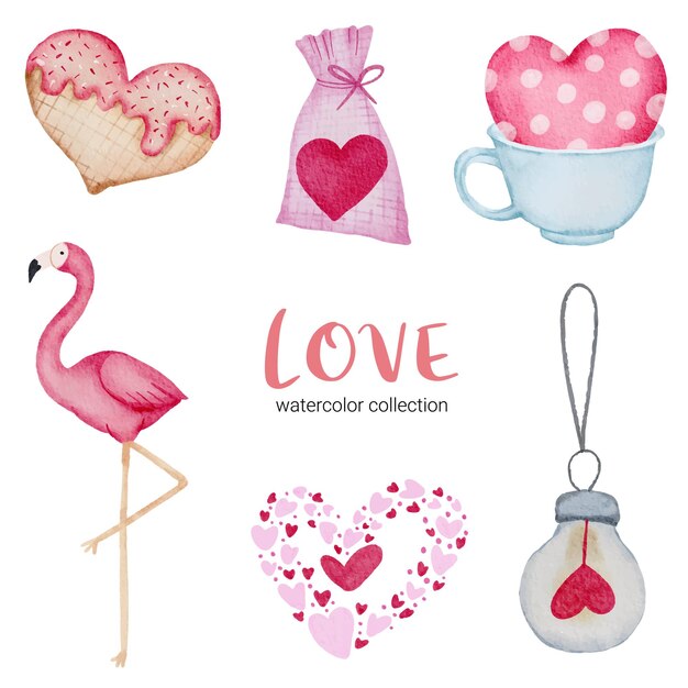 Ensemble de grand élément de concept aquarelle Saint-Valentin isolé beaux coeurs rouge-rose romantique pour la décoration, illustration.