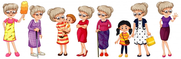 Ensemble de grand-mère dans différents costumes