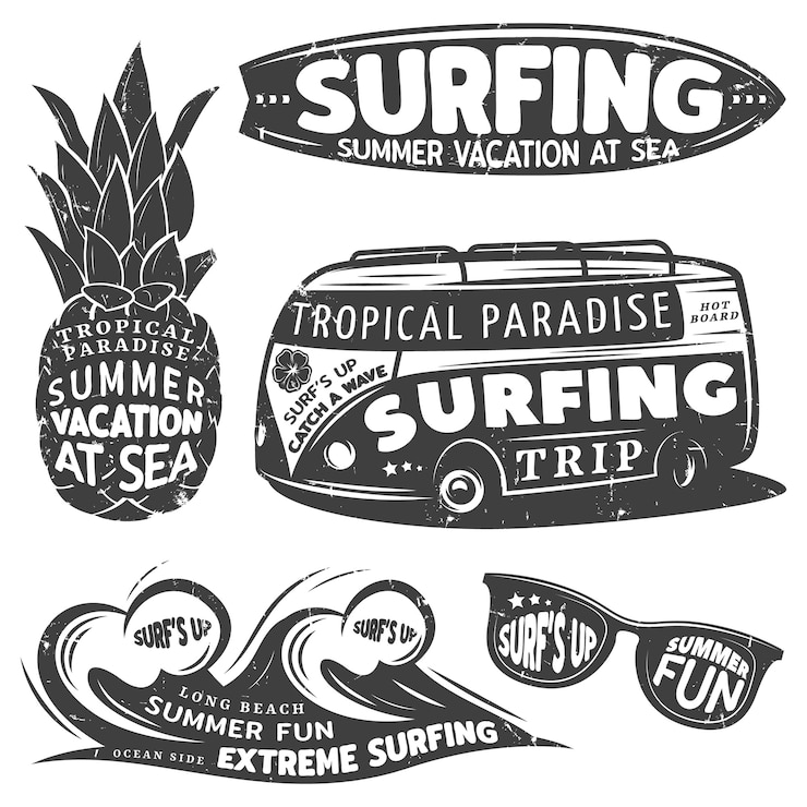 Vecteur gratuit ensemble graphique de surf vintage monochrome