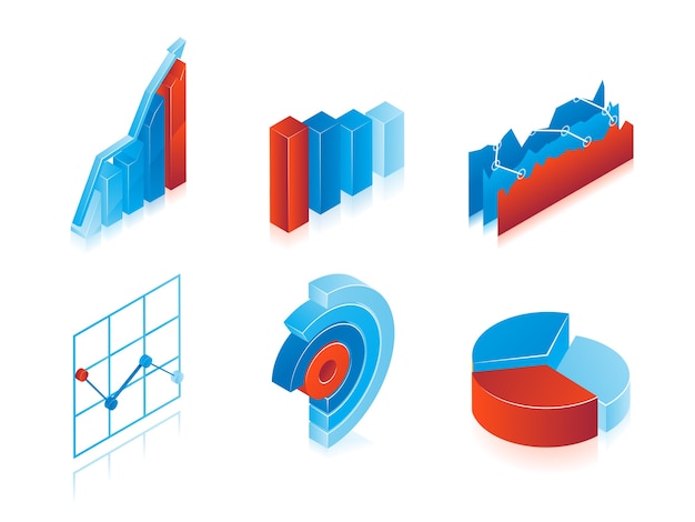 Ensemble de graphiques vectoriels 3D en bleu et rouge: camemberts analytiques, graphiques et graphiques à barres à utiliser comme éléments de conception dans l'inforgraphics
