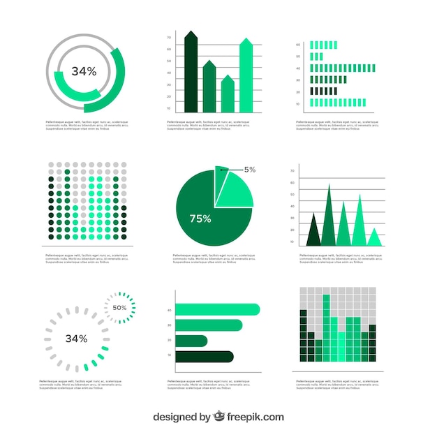 Vecteur gratuit ensemble de graphiques verts dans un design plat