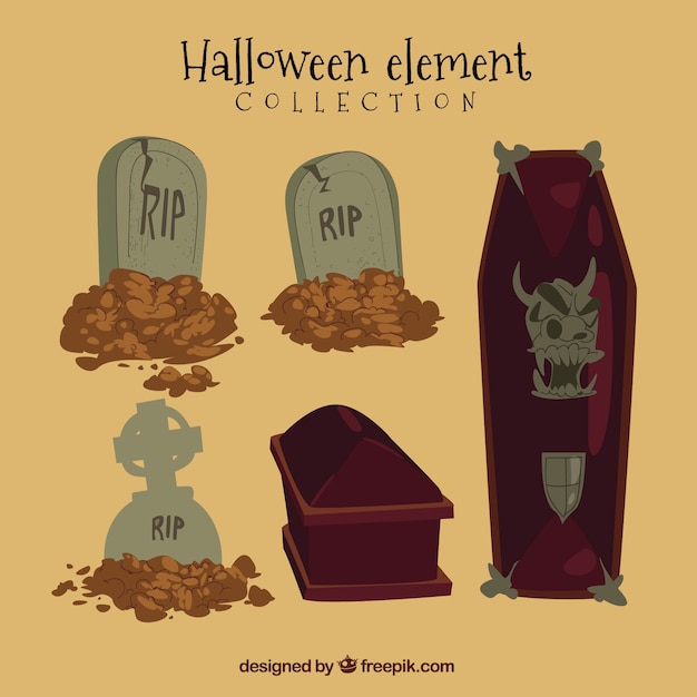 Vecteur gratuit ensemble de halloween avec des cercueils et des pierres tombales