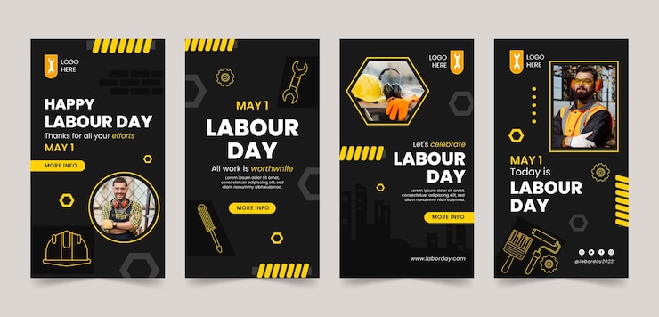 Vecteur gratuit ensemble d'histoires instagram de la fête du travail noir et jaune