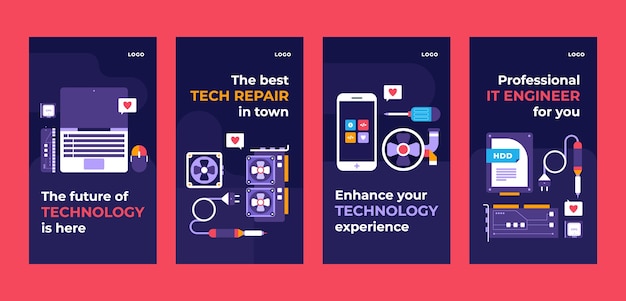 Vecteur gratuit ensemble d'histoires instagram de réparation de technologie de conception plate