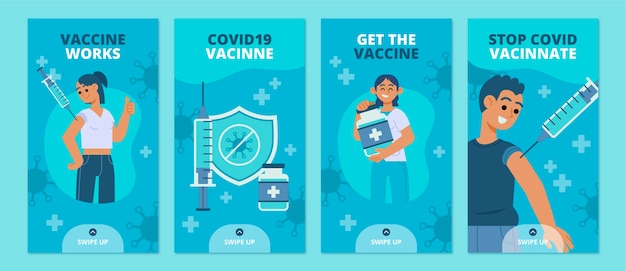 Vecteur gratuit ensemble d'histoires instagram de vaccin plat